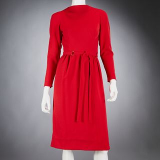 Pauline Trigere red wool belted dress