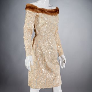 Vintage fur trimmed brocade cocktail dress