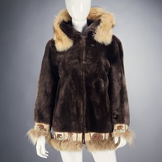 Mouton and wolf fur embroidered parka