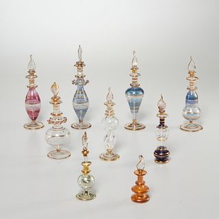 Group of Egyptian style art glass perfume bottles