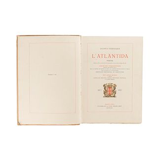 Verdaguer, Jacinto. L' Atlántida, Poema. Barcelona: Estampa de la Casa Miquel - Rius, 1929. Edición numerada. Ejemplar No. 94.