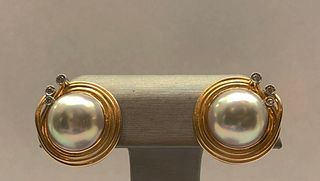 Pair of 18k Yellow Gold and Diamond Mabe Pearl Earrings