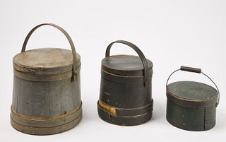 Two Painted Firkins and Painted Pantry Box