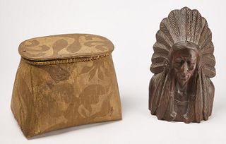 Native Birch Bark Box & Carved Bust of Indian Chie