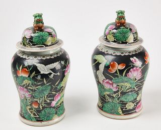 Two Chinese Large Lidded Jars w/ Dog Topper