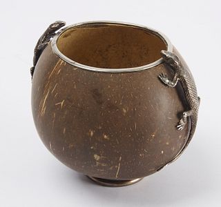 Coconut Shell Bowl with Silver Mounted Lizards