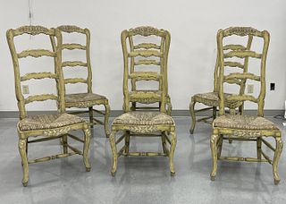 Six Decorative Carved and Painted Dining Chairs