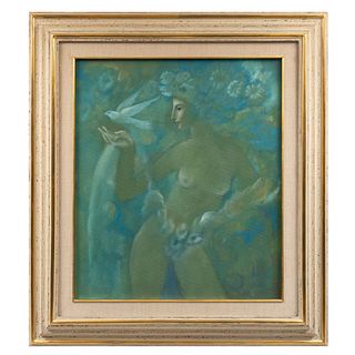 HERIBERTO MÉNDEZ. Desnudo en el jardín, 1982. Firmado. Óleo sobre tela. 70 x 60 cm.