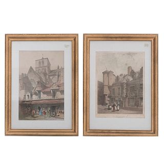 Lote de 2 grabados. Vista medieval y victoriana. Litografías coloreadas. Enmarcadas. 34 x 25 cm (cada una).