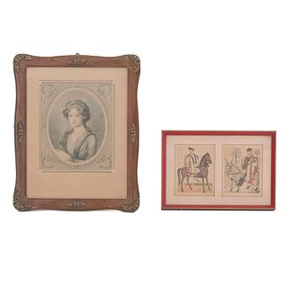 Lote de 2 grabados. Retrato de dama y dos caballeros ecuestres. Enmarcados. 24 x 20 cm.