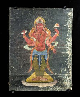 Vibrant 19th C. Nepalese Cotton Paubha of Vishnu