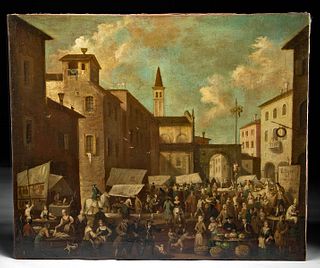 18th C. Italian Genre Painting - Bustling Town Scene