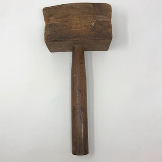 Antique wooden block hammer fitted wooden handle, one