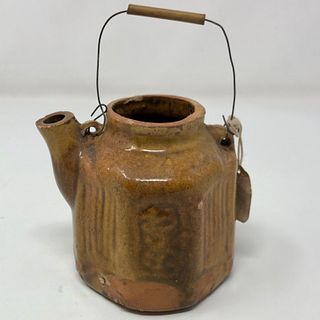 OLD ORIENTAL TEA POT w wire and wood handle