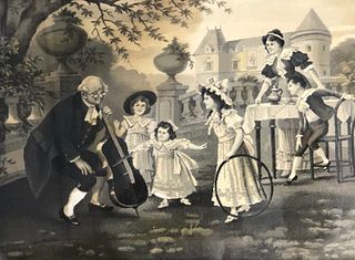 Victorian era linen embroidery print depicting family