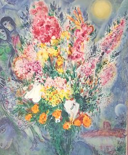 Stone signed Marc Chagall lithograph/ LOVERS BOUQUET