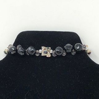 Black bead green/rose stone metal barrel bracelet