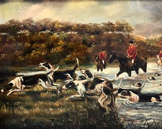 Vintage Fox hunting scene oil on canvas