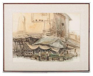 Chinese watercolor, street scene 