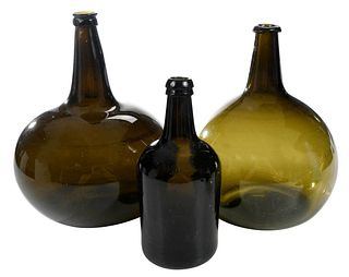 Three Early Olive Blown Glass Bottles