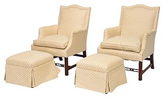 Pair Chippendale Style Armchairs with Ottomans