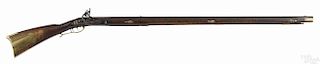 Full stock flintlock long rifle, signed J. Ames Philada on barrel flat