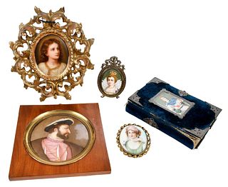Five Porcelain and Ivory Miniatures, with Book
