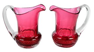 Pair of Ruby and Clear Glass Pitchers