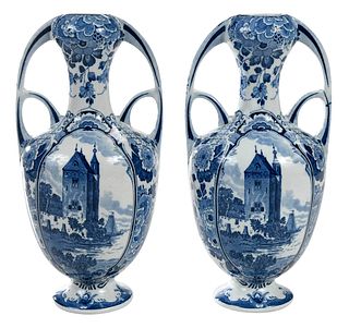 Pair of Delft Blue and White Handled Vases