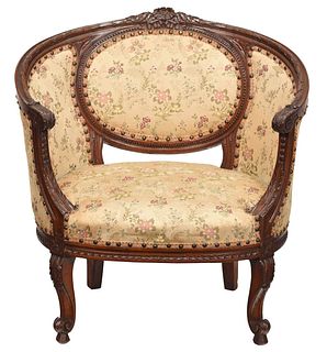 Louis XV Style Carved Walnut Upholstered Bergere