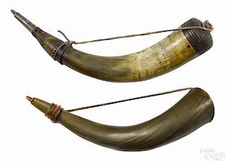 Screwtip powder horn, 19th c., 16'' l., together with another powder horn, 13 1/2'' l.