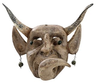 Carved Wood Horned Devil Mask