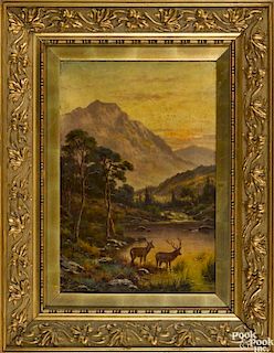 Oil on canvas mountainous landscape, 19th c., with stags by a lake edge, signed indistinctly