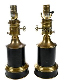 Pair of Brass Oil Lamps Converted to Electric