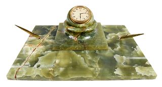 Art Deco Onyx and Gold Desk Clock and Pen Tray