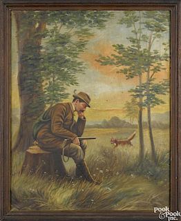 Oil on canvas landscape, 19th c., with a sleeping hunter and a fox walking in the background