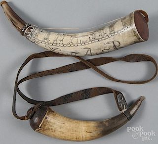Contemporary scrimshaw powder horn, engraved A. R. his horn made at Fort William Henry November