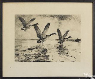 Frank Benson, signed print of Canada geese taking flight, signed lower right, 11 1/4'' x 16''.