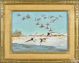 Richard Bishop (Pennsylvania 1887-1975), oil on board of a flock of flying ducks