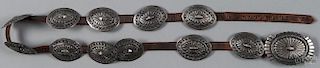 Native American silver concho belt, 20th c., stamped J. M., overall - 37'' l.
