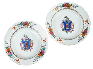 Pair Chinese Export Armorial Porcelain Soup Bowls