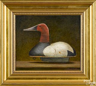 Contemporary oil on artist board still life of a canvasback duck decoy, signed lower right