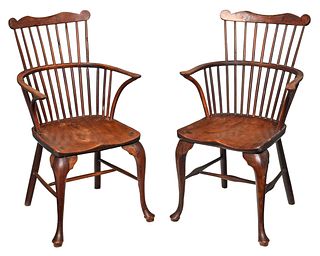 Pair of Early British Comb Back Windsor Armchairs
