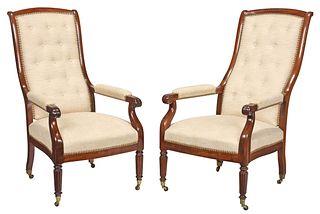 Pair Carved Mahogany Open Armchairs