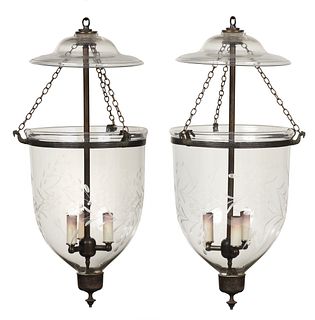 Near Pair Neoclassical Glass and Brass Hall Lanterns