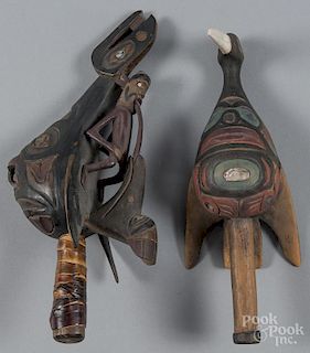 Two contemporary Northwest Coast carved and painted rattles, 12'' l. and 11'' l.