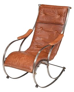 Steel, Brass, and Leather Upholstered Rocking Chair