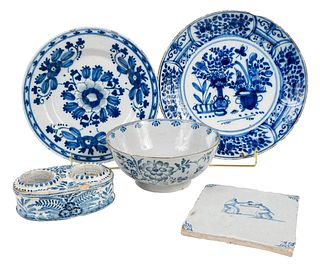 Five Pieces of Blue and White Delftware