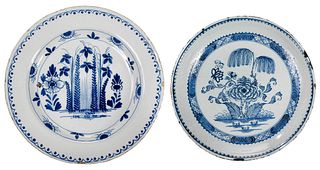 Two English Delftware Blue and White Chargers