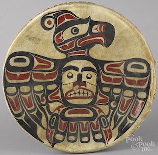 Contemporary Northwest Coast hide drum, signed Randy with an illegible last name, dated 1993